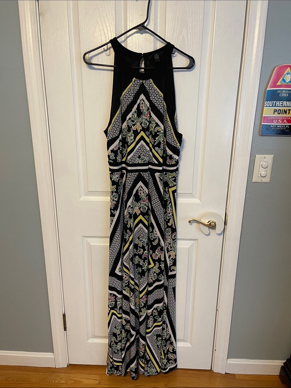 Black Patterned Halter Maxi Dress with Yellow Accents